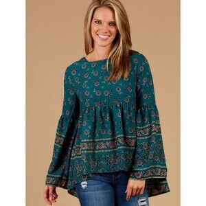 Altard State Blouse Medium Green Floral Long Sleeve Peasant Boho Bell Sheer Top